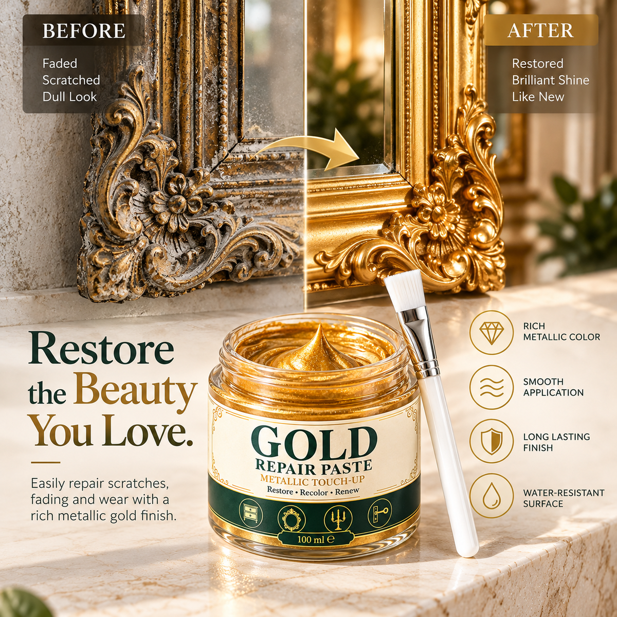 🎁 BUY 1 GET 1 FREE | Metallic Gold Touch-Up Paste: Restore Faded Gold Accents & Bring New Life to Your Furniture ✨